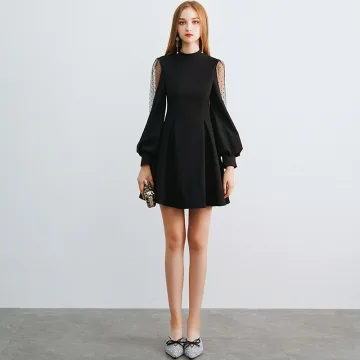 Modern Fashion Black Homecoming Graduation Dresses 2019 A Line Princess High Neck Puffy Long Sleeve Short Ruffle Formal Dresses