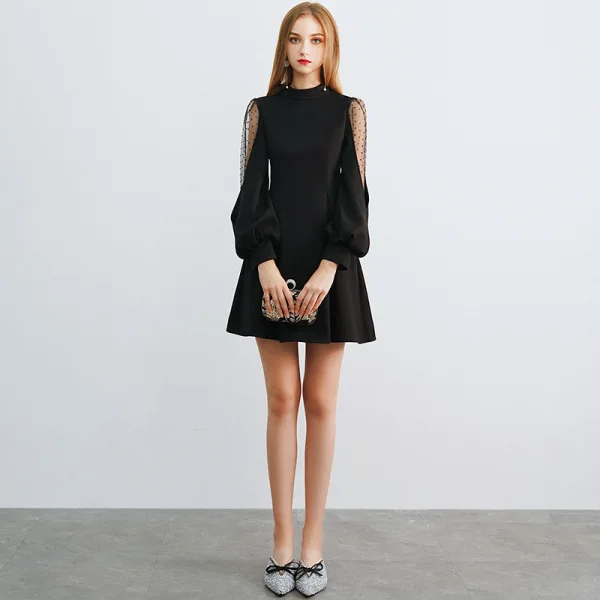Modern / Fashion Black Homecoming Graduation Dresses 2019 A-Line / Princess High Neck Puffy Long Sleeve Short Ruffle Formal Dresses