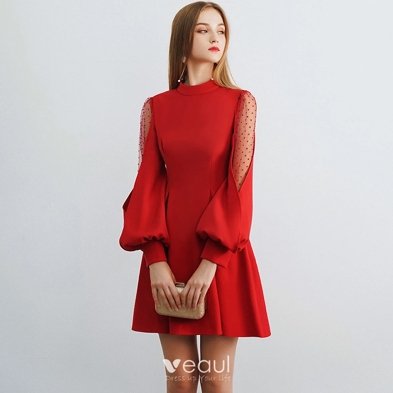 Modern Fashion Black Homecoming Graduation Dresses 2019 A Line Princess  High Neck Puffy Long Sleeve Short Ruffle Formal Dresses