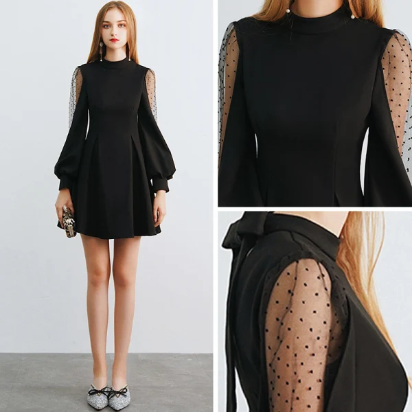 Modern / Fashion Black Homecoming Graduation Dresses 2019 A-Line / Princess High Neck Puffy Long Sleeve Short Ruffle Formal Dresses