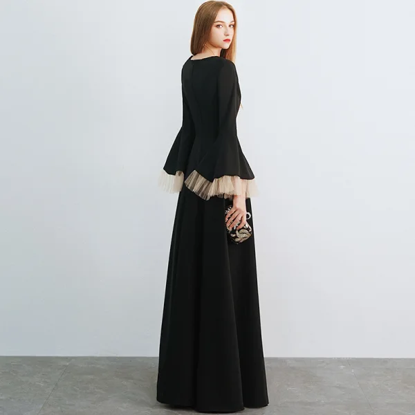 Amazing / Unique Black Evening Dresses  2019 A-Line / Princess V-Neck Bell sleeves Floor-Length / Long Ruffle Formal Dresses
