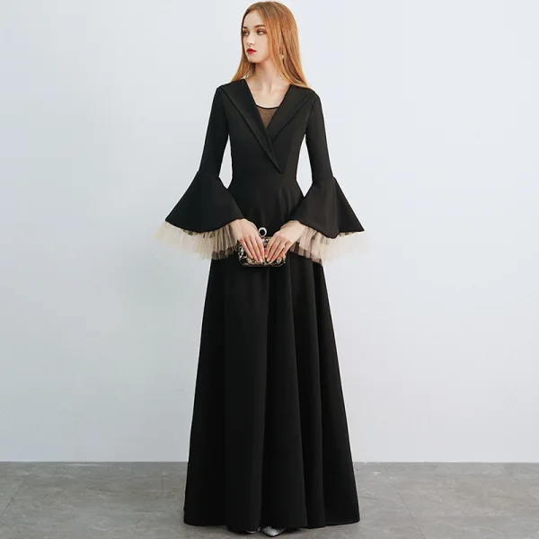 Amazing / Unique Black Evening Dresses  2019 A-Line / Princess V-Neck Bell sleeves Floor-Length / Long Ruffle Formal Dresses