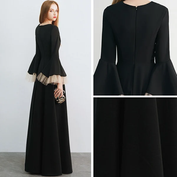 Amazing / Unique Black Evening Dresses  2019 A-Line / Princess V-Neck Bell sleeves Floor-Length / Long Ruffle Formal Dresses