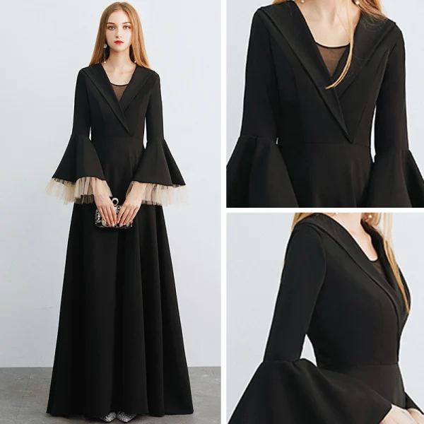 Amazing / Unique Black Evening Dresses  2019 A-Line / Princess V-Neck Bell sleeves Floor-Length / Long Ruffle Formal Dresses
