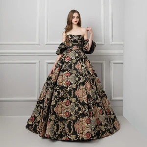 Colored Black Prom Dresses 2019 Ball Gown Strapless Short Sleeve Printing Flower Court Train Ruffle Backless Formal Dresses