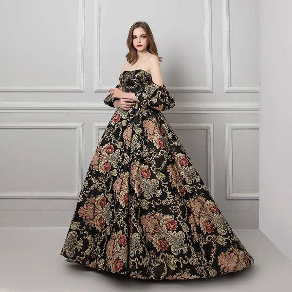 Colored Black Prom Dresses 2019 Ball Gown Strapless Short Sleeve Printing Flower Court Train Ruffle Backless Formal Dresses
