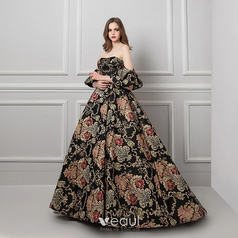 Colored Black Prom Dresses 2019 Ball Gown Strapless Short Sleeve Printing Flower Court Train Ruffle Backless Formal Dresses