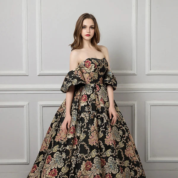 Colored Black Prom Dresses 2019 Ball Gown Strapless Short Sleeve Printing Flower Court Train Ruffle Backless Formal Dresses