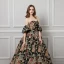 Colored Black Prom Dresses 2019 Ball Gown Strapless Short Sleeve Printing Flower Court Train Ruffle Backless Formal Dresses
