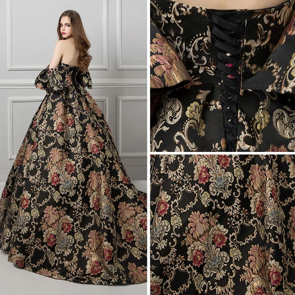 Colored Black Prom Dresses 2019 Ball Gown Strapless Short Sleeve Printing Flower Court Train Ruffle Backless Formal Dresses