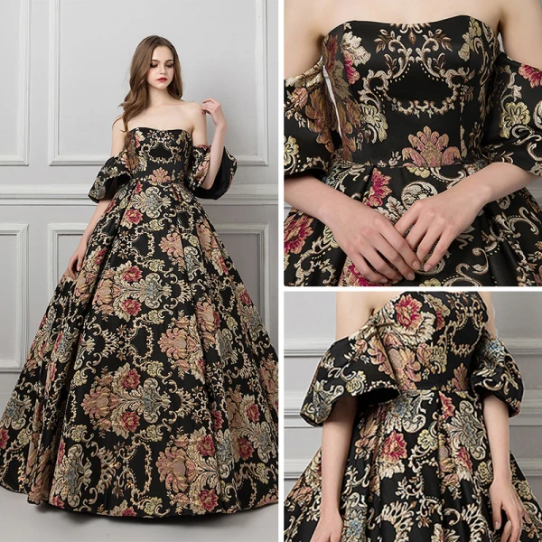 Colored Black Prom Dresses 2019 Ball Gown Strapless Short Sleeve Printing Flower Court Train Ruffle Backless Formal Dresses