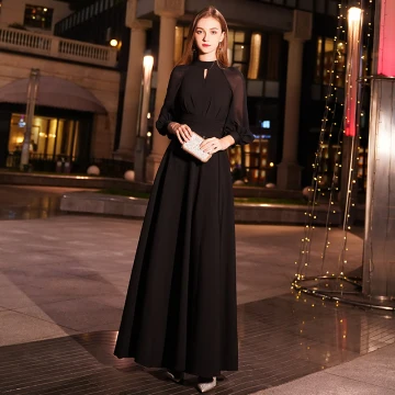 Simple Noire Robe De Soirée 2019 Princesse Col Haut Gonflée 3 4 Manches Longue Volants Robe De Ceremonie
