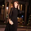 Modest / Simple Black Evening Dresses  2019 A-Line / Princess High Neck Puffy 3/4 Sleeve Floor-Length / Long Ruffle Formal Dresses