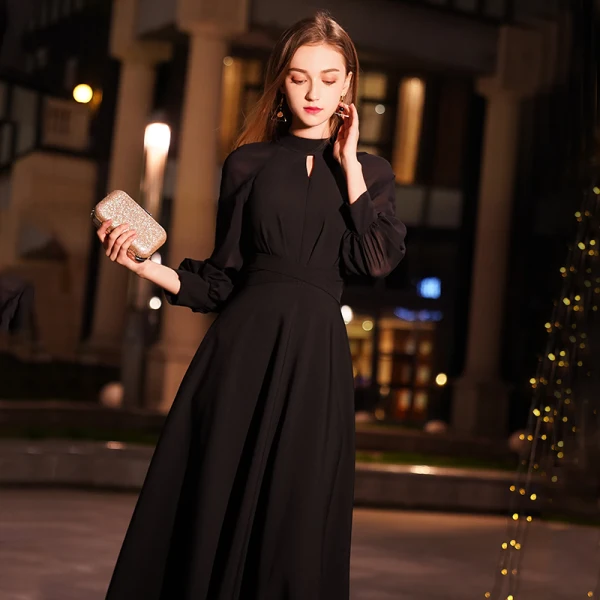 Modest / Simple Black Evening Dresses 2019 A-Line / Princess High Neck Puffy 3/4 Sleeve Floor-Length / Long Ruffle Formal Dresses