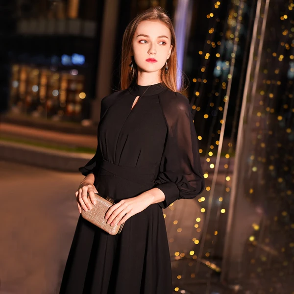 Simple Noire Robe De Soirée 2019 Princesse Col Haut Gonflée 3/4 Manches Longue Volants Robe De Ceremonie