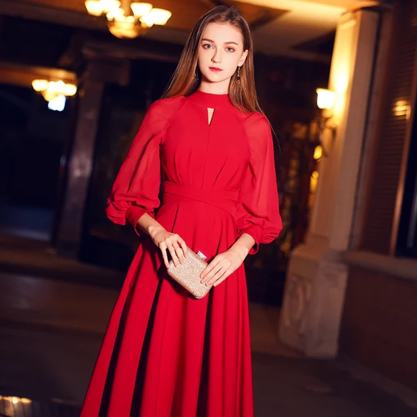 Simple Noire Robe De Soirée 2019 Princesse Col Haut Gonflée 3/4 Manches Longue Volants Robe De Ceremonie