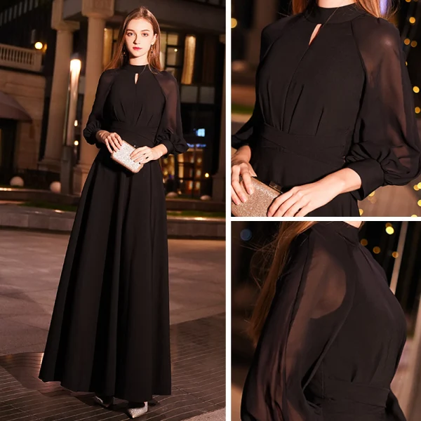 Simple Noire Robe De Soirée 2019 Princesse Col Haut Gonflée 3/4 Manches Longue Volants Robe De Ceremonie