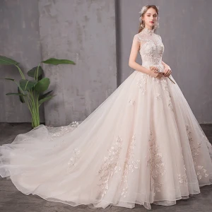 Vintage Originale Champagne Transparentes Robe De Mariée 2019 Princesse Col Haut Mancherons Dos Nu Glitter Tulle Appliques En Dentelle Perlage Cathedral Train Volants