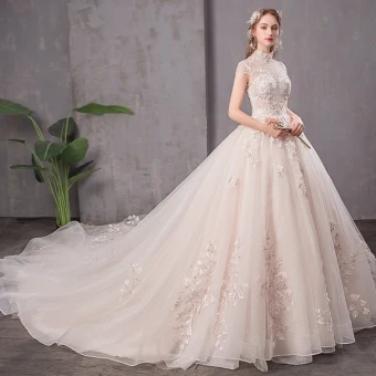 Vintage Retro Champagne See Through Wedding Dresses 2019 A Line Princess High Neck Cap Sleeves Backless Glitter Tulle Appliques Lace Beading Cathedral Train Ruffle