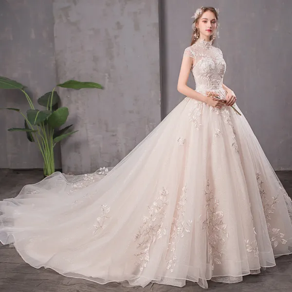 Vintage / Retro Champagne See-through Wedding Dresses 2019 A-Line / Princess High Neck Cap Sleeves Backless Glitter Tulle Appliques Lace Beading Cathedral Train Ruffle