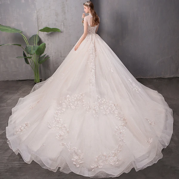 Vintage / Originale Champagne Transparentes Robe De Mariée 2019 Princesse Col Haut Mancherons Dos Nu Glitter Tulle Appliques En Dentelle Perlage Cathedral Train Volants