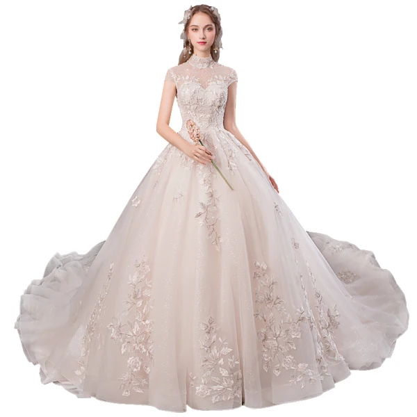 Vintage / Originale Champagne Transparentes Robe De Mariée 2019 Princesse Col Haut Mancherons Dos Nu Glitter Tulle Appliques En Dentelle Perlage Cathedral Train Volants