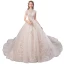 Vintage / Originale Champagne Transparentes Robe De Mariée 2019 Princesse Col Haut Mancherons Dos Nu Glitter Tulle Appliques En Dentelle Perlage Cathedral Train Volants