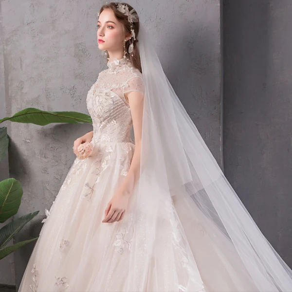 Vintage / Originale Champagne Transparentes Robe De Mariée 2019 Princesse Col Haut Mancherons Dos Nu Glitter Tulle Appliques En Dentelle Perlage Cathedral Train Volants