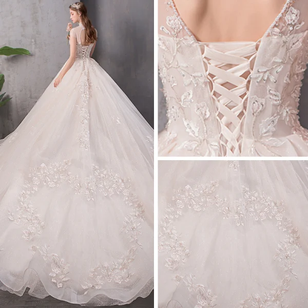 Vintage / Originale Champagne Transparentes Robe De Mariée 2019 Princesse Col Haut Mancherons Dos Nu Glitter Tulle Appliques En Dentelle Perlage Cathedral Train Volants