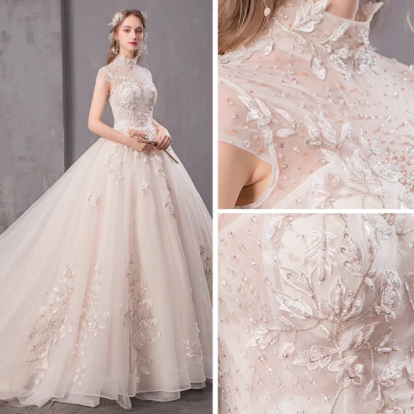 Vintage / Originale Champagne Transparentes Robe De Mariée 2019 Princesse Col Haut Mancherons Dos Nu Glitter Tulle Appliques En Dentelle Perlage Cathedral Train Volants