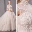 Vintage / Originale Champagne Transparentes Robe De Mariée 2019 Princesse Col Haut Mancherons Dos Nu Glitter Tulle Appliques En Dentelle Perlage Cathedral Train Volants