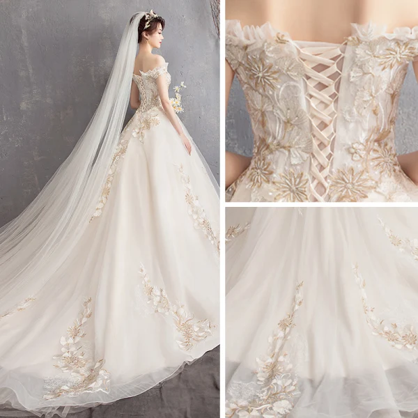 Abordable Champagne Robe De Mariée 2019 Princesse De l'épaule Manches Courtes Dos Nu En Dentelle Appliques Chapel Train Volants