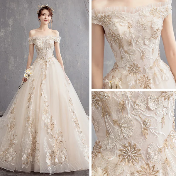 Abordable Champagne Robe De Mariée 2019 Princesse De l'épaule Manches Courtes Dos Nu En Dentelle Appliques Chapel Train Volants