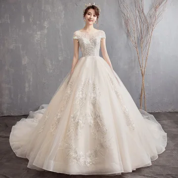 Classy Champagne Wedding Dresses 2019 A Line Princess See Through Scoop Neck Backless Cap Sleeves Appliques Lace Beading Cathedral Train