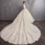Elegancka Szampan Suknie Ślubne 2019 Princessa Przezroczyste Wycięciem Bez Pleców Rękawy z Kapturkiem Aplikacje Z Koronki Frezowanie Trenem Katedra