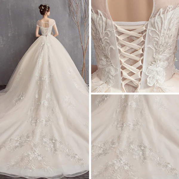 Elegancka Szampan Suknie Ślubne 2019 Princessa Przezroczyste Wycięciem Bez Pleców Rękawy z Kapturkiem Aplikacje Z Koronki Frezowanie Trenem Katedra
