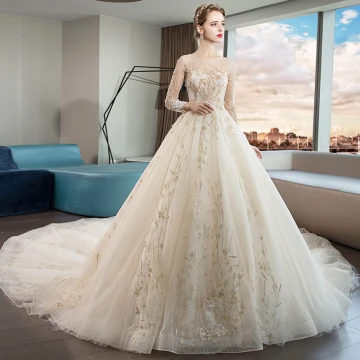 Elegante Champagne Doorzichtige Trouwjurken 2019 A Lijn Ronde Hals Lange Mouwen Ruglooze Kristal Kralen Appliques Kant Cathedral Train Ruche