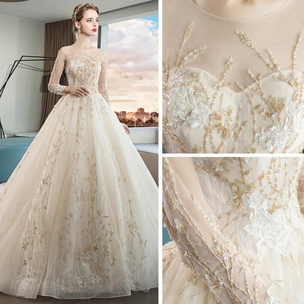 Élégant Champagne Transparentes Robe De Mariée 2019 Princesse Encolure Dégagée Manches Longues Dos Nu Cristal Perlage Appliques En Dentelle Cathedral Train Volants