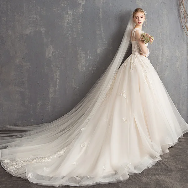 Elegante Champagner Durchsichtige Brautkleider / Hochzeitskleider 2019 A Linie Eckiger Ausschnitt Lange Ärmel Rückenfreies Applikationen Spitze Perlenstickerei Perle Pailletten Kapelle-Schleppe Rüschen