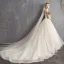 Élégant Champagne Transparentes Robe De Mariée 2019 Princesse Encolure Carrée Manches Longues Dos Nu Appliques En Dentelle Perlage Perle Paillettes Chapel Train Volants