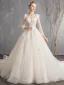 Élégant Champagne Transparentes Robe De Mariée 2019 Princesse Encolure Carrée Manches Longues Dos Nu Appliques En Dentelle Perlage Perle Paillettes Chapel Train Volants