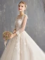 Élégant Champagne Transparentes Robe De Mariée 2019 Princesse Encolure Carrée Manches Longues Dos Nu Appliques En Dentelle Perlage Perle Paillettes Chapel Train Volants
