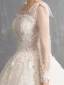 Élégant Champagne Transparentes Robe De Mariée 2019 Princesse Encolure Carrée Manches Longues Dos Nu Appliques En Dentelle Perlage Perle Paillettes Chapel Train Volants