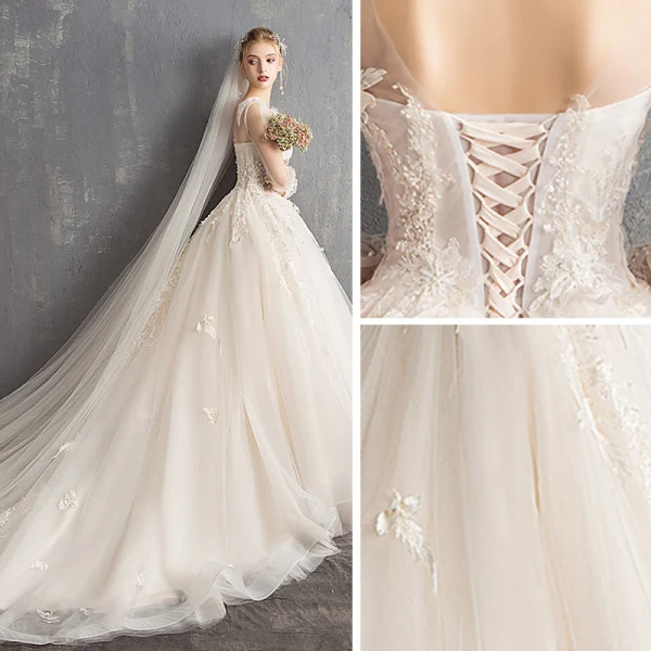 Elegante Champagner Durchsichtige Brautkleider / Hochzeitskleider 2019 A Linie Eckiger Ausschnitt Lange Ärmel Rückenfreies Applikationen Spitze Perlenstickerei Perle Pailletten Kapelle-Schleppe Rüschen