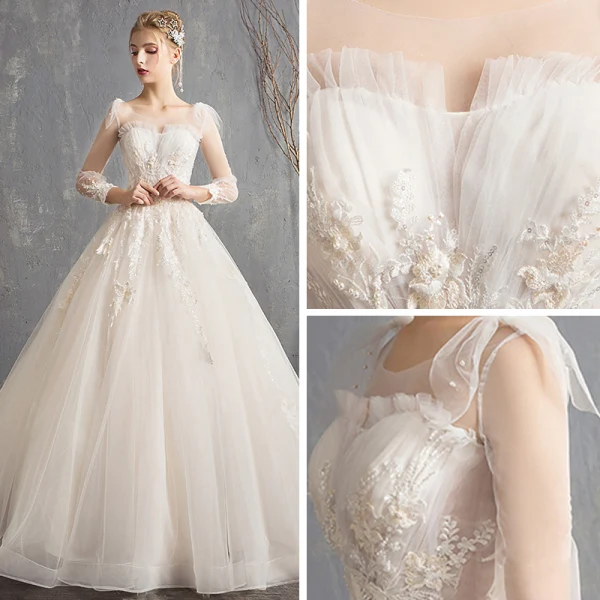 Elegante Champagner Durchsichtige Brautkleider / Hochzeitskleider 2019 A Linie Eckiger Ausschnitt Lange Ärmel Rückenfreies Applikationen Spitze Perlenstickerei Perle Pailletten Kapelle-Schleppe Rüschen