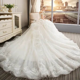 Elegant Champagne Wedding Dresses 2019 A Line Princess Off The Shoulder Short Sleeve Backless Appliques Lace Pearl Chapel Train Ruffle