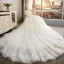 Elegant Champagne Wedding Dresses 2019 A-Line / Princess Off-The-Shoulder Short Sleeve Backless Appliques Lace Pearl Chapel Train Ruffle