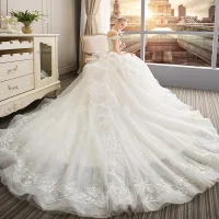 Eleganckie Szampan Suknie Ślubne 2019 Princessa Przy Ramieniu Kótkie Rękawy Bez Pleców Aplikacje Z Koronki Perła Trenem Kaplica Wzburzyć