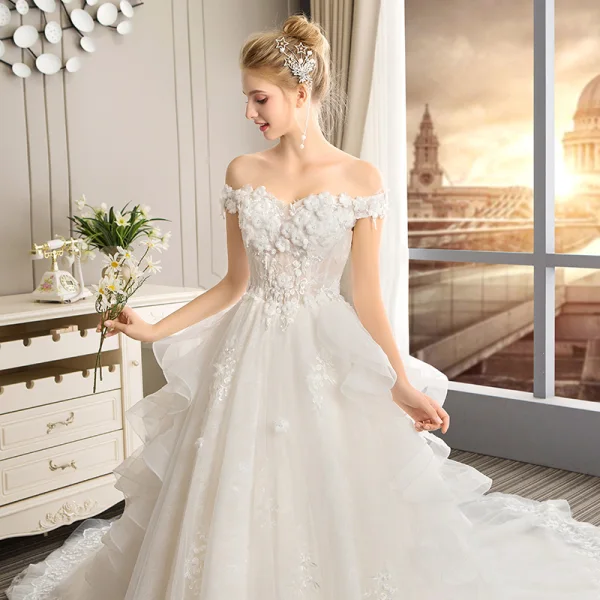 Elegant Champagne Wedding Dresses 2019 A-Line / Princess Off-The-Shoulder Short Sleeve Backless Appliques Lace Pearl Chapel Train Ruffle