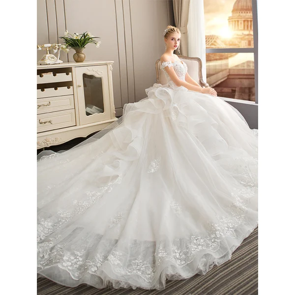 Elegant Champagne Wedding Dresses 2019 A-Line / Princess Off-The-Shoulder Short Sleeve Backless Appliques Lace Pearl Chapel Train Ruffle